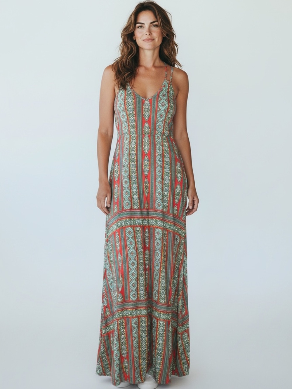 Striped Boho Maxi Dress in Coral and Mint